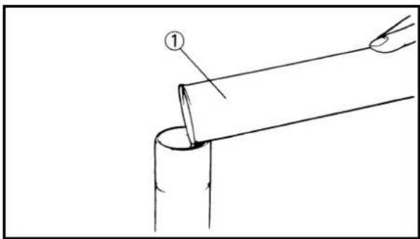 Technical diagram showing a pipe being inserted into a cylindrical component, labeled with number 1