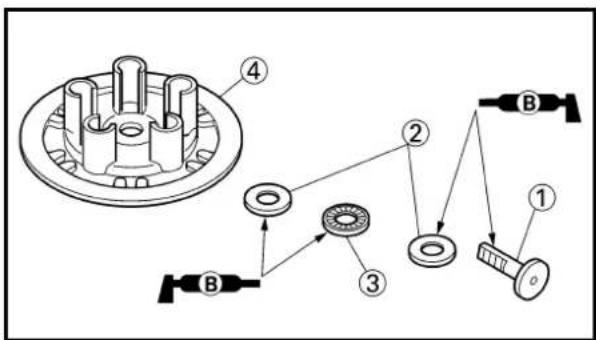 Technical diagram of a mechanical assembly with labeled components and parts, including a circular component and various threaded fasteners.