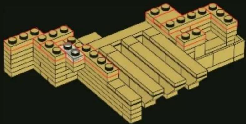 3D architectural model of a modular building structure with multiple yellow blocks and red-labeled components (no text or symbols)