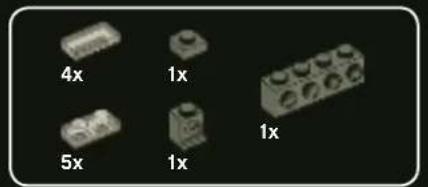 Five yellow LEGO blocks arranged in a row, with one block labeled '1x2x' and the other two labeled '1x1x1x' (no additional text or symbols)