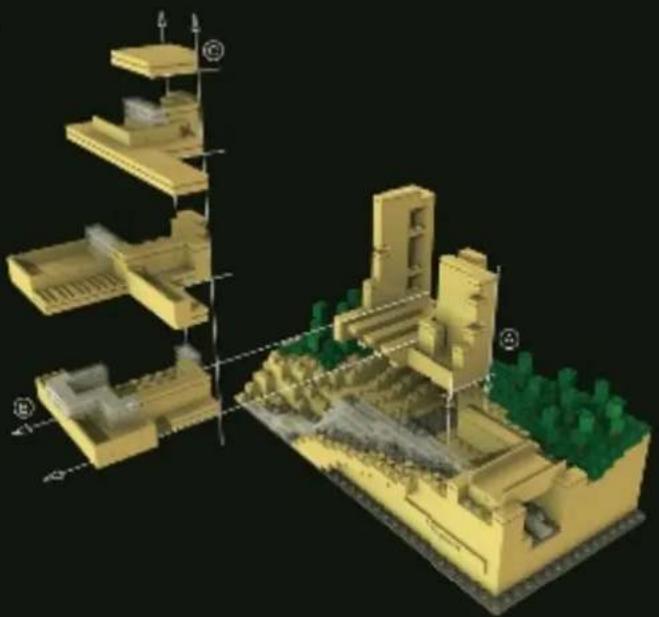 3D architectural model of a building complex with green landscaping and structural tiers (no text or symbols visible)