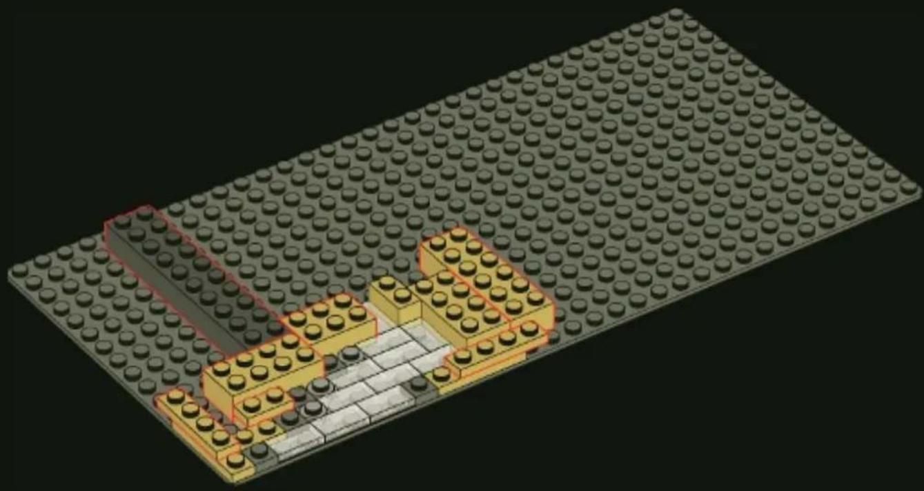 3D architectural rendering of a LEGO building layout with visible floor and window (no text or symbols)