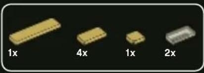 Four electronic component blocks labeled 1x, 4x, 1x, and 2x, shown in a row (no text or symbols on the blocks themselves)