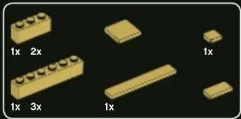 Illustration of various yellow LEGO blocks with labeled dimensions (1x, 2x, 3x) on black background