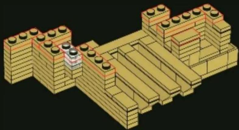 3D architectural model of a modular building structure with stacked blocks and a highlighted central space (no text or symbols)