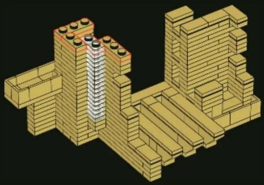 3D architectural model of a building structure with stacked blocks and a central vertical column (no text or symbols)