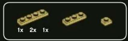 Three yellow LEGO brick blocks arranged horizontally on a black background, labeled 1x, 2x, and 1x below (no additional text or symbols)