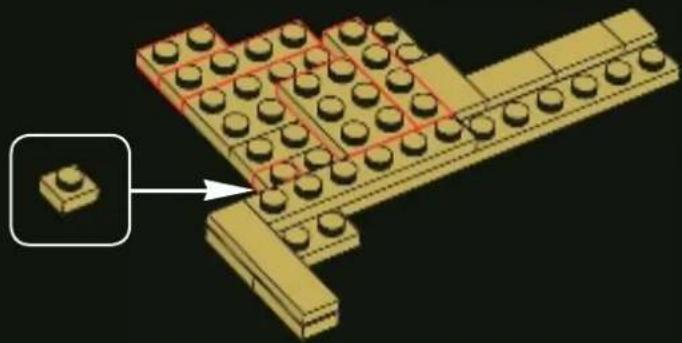 3D diagram of a LEGO structure with numbered blocks and an arrow pointing to a small component (no text or symbols present)