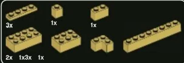 Illustration of various LEGO blocks with labeled dimensions (3x, 1x, 2x, 1x3x, 1x), no text or symbols present.