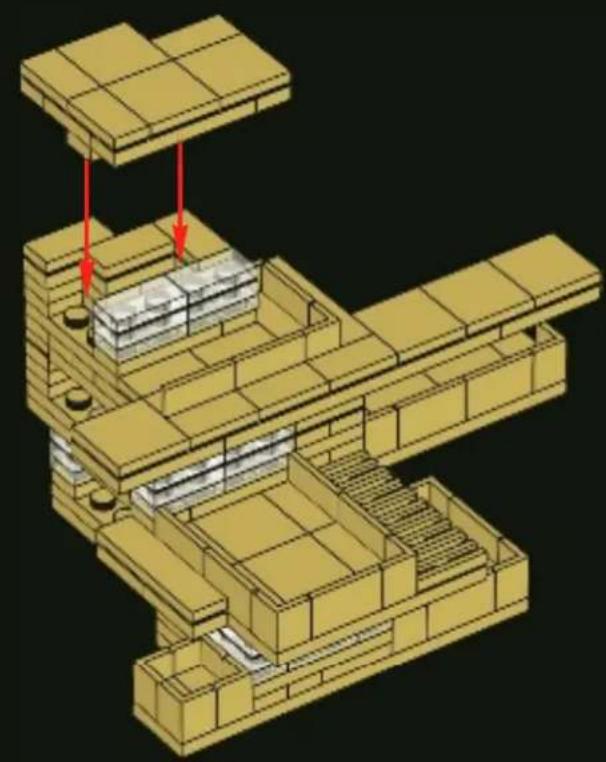 3D architectural diagram of a multi-level building structure with highlighted components and red arrows indicating flow or movement (no text or symbols present)