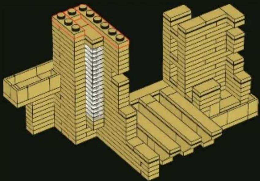 3D architectural model of a building structure with LEGO-like framework and a central vertical layer (no text or symbols)