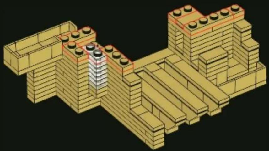 3D architectural model of a multi-story building structure with visible foundation blocks and a central tower (no text or symbols)