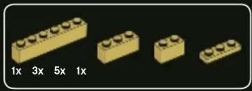 Four yellow LEGO blocks arranged in a row, each labeled with a multiplier value (1x, 3x, 5x, 1x) on the left side.