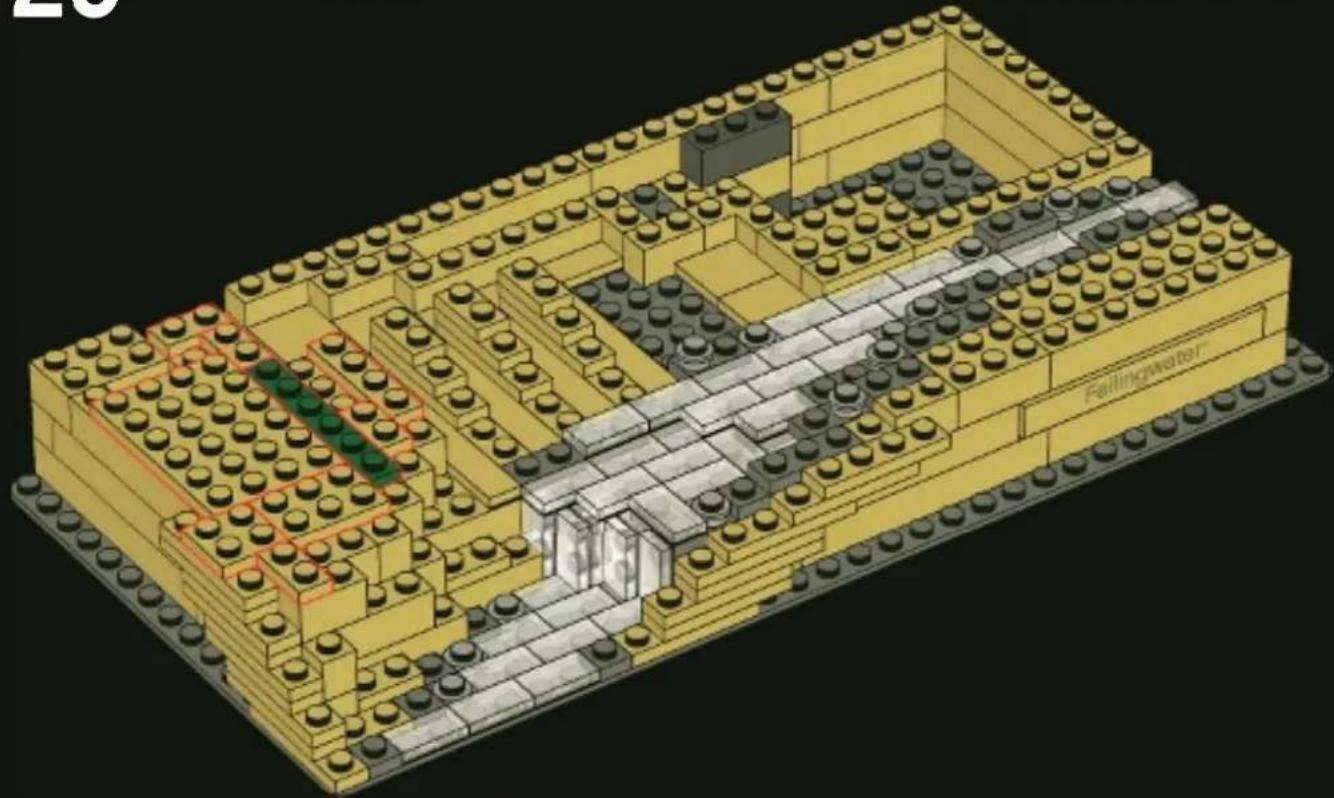 3D architectural model of a building with LEGO structure and green spaces, labeled 'Fallingwater' (no other text or symbols)