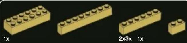 Four yellow LEGO blocks arranged in a row, labeled 1x and 2x3x (no text or symbols on the blocks themselves)