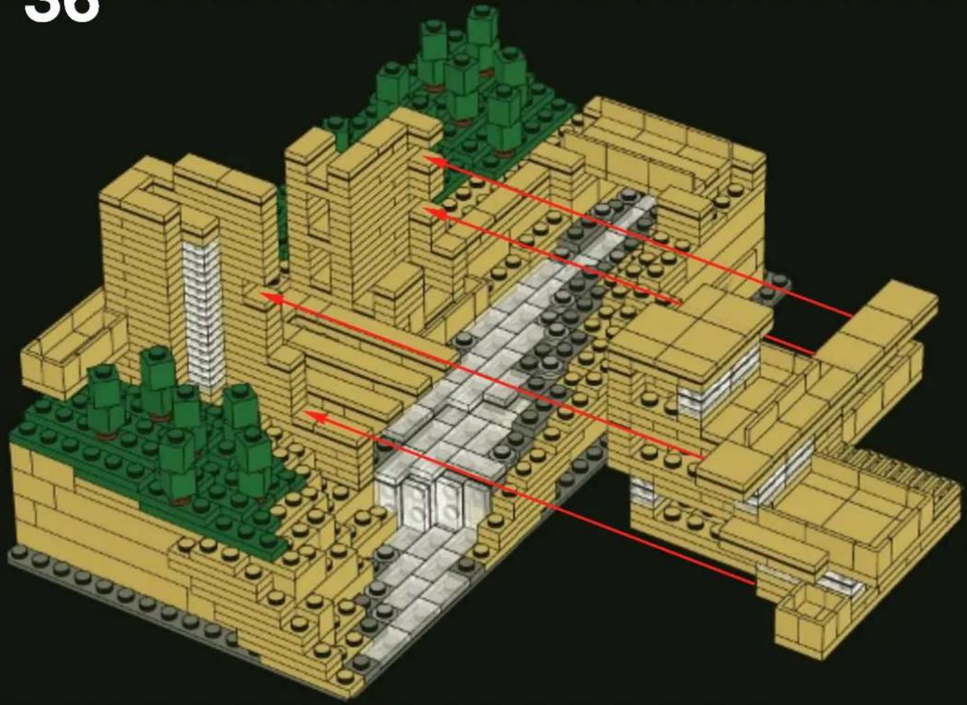 3D architectural diagram of a building complex with green and beige blocks, showing structural elements and directional arrows (no text or symbols)