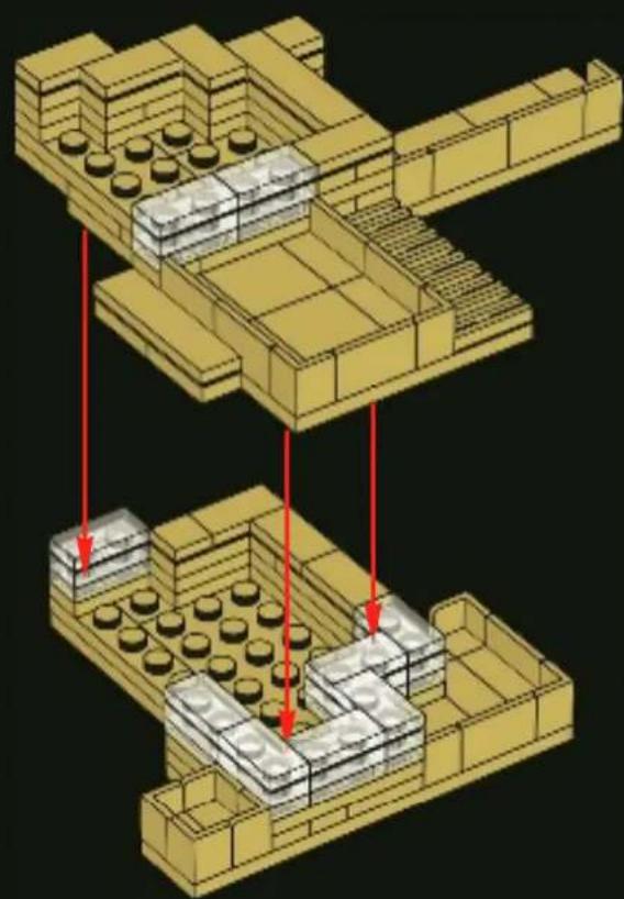 3D architectural diagram of a building layout with brickwork and concrete blocks, showing structural components and red arrows indicating movement or force (no text or symbols)