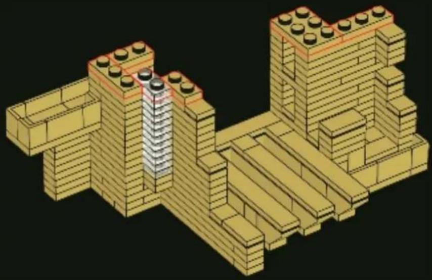 3D architectural model of a building structure with yellow and gray components, no visible text or symbols