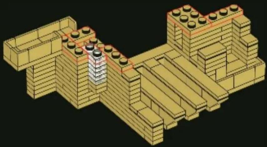 3D architectural diagram of a building complex with LEGO-like structures and a central tower (no text or symbols)