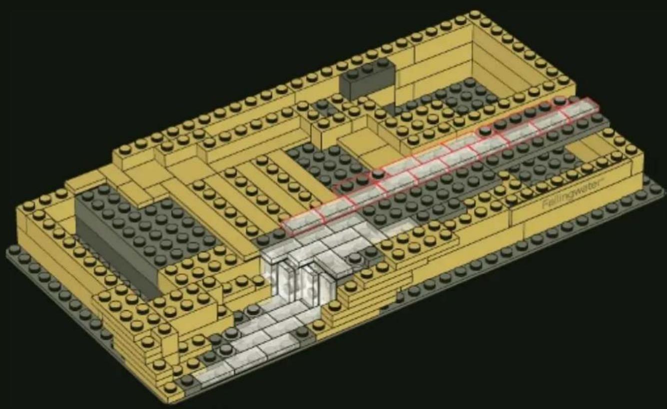 3D architectural rendering of a building complex with LEGO-like structures and a central staircase (no text or symbols visible)