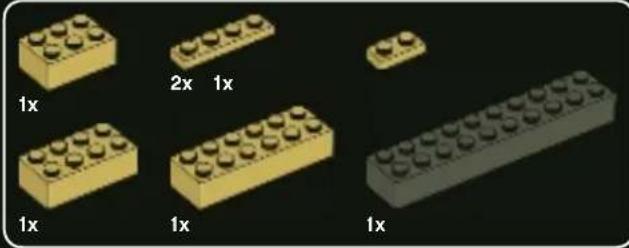 Illustration of various LEGO blocks with labeled dimensions (1x, 2x, 1x) and a gray base block, no text or symbols present.