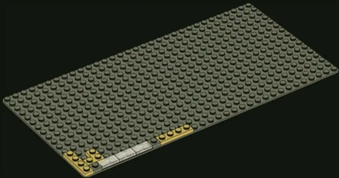 3D rendering of a LEGO floor with uniform black perforated tiles and a small yellow rectangular base (no text or symbols)