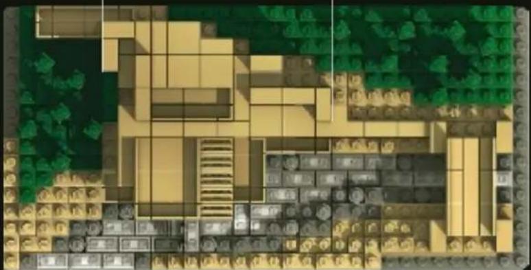Pixelated interior layout of a building with green walls and yellow walls, no visible text or symbols