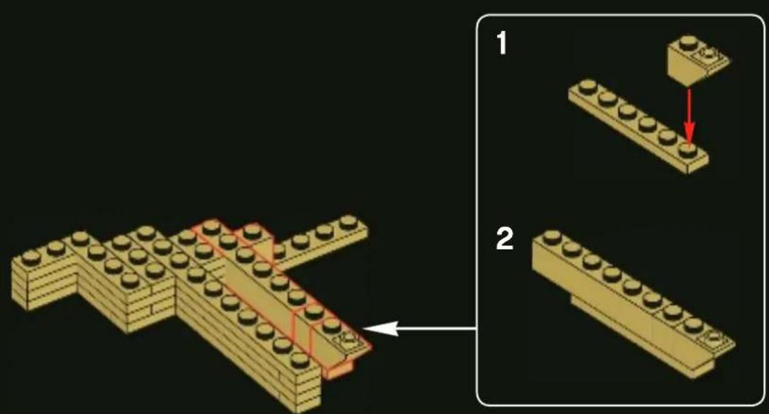 Diagram illustrating the step-by-step assembly of a LEGO structure, showing structural change and component insertion.
