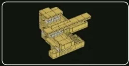 3D architectural model of a building complex with yellow structural elements (no text or symbols visible)