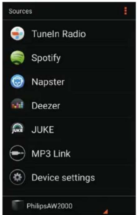 Sources Tuneln Radio Spotify Napster Deezer JUKE MP3 Link Device settings PhilipsAW2000