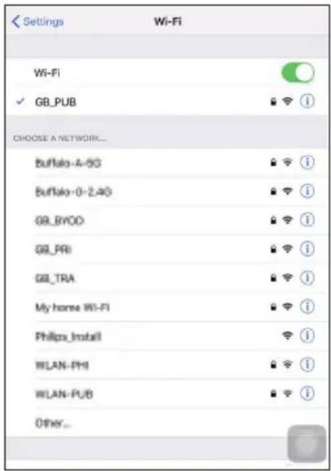 Settings Wi-Fi Wi-Fi ✓ GB_PUB CHOOSE A NETWORK... Buffalo-A-5G Buffalo-0-2.4G GB_BYOD GB_PRI GB_TRA My home Wi-Fi Philips Install WLAN-PHI WLAN-PUB Other...