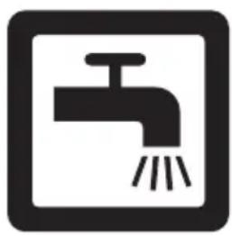 Simple black-and-white icon of a faucet with raindrops falling (no text or symbols)
