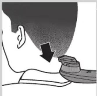 Illustration of a person's neck and shoulder with a black arrow pointing to the ear area (no text or symbols)