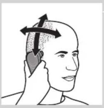 Illustration of a person using a handheld device to interact with their head (no text or symbols present).