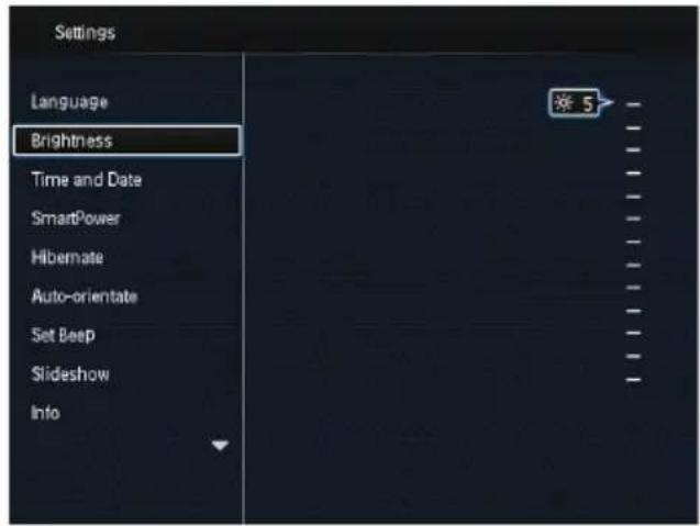 Settings Language Brightness Time and Date SmartPower Hibernate Auto-orientate Set Beep Slideshow Info ※ 5