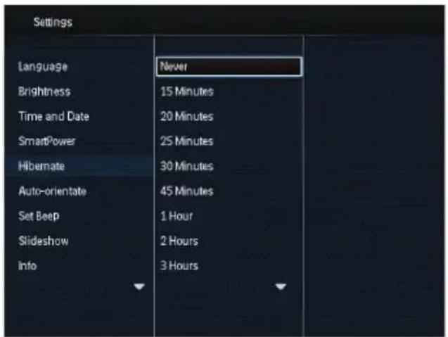 Settings Language Brightness Time and Date SmartPower Hibernate Auto-orientate Set Beep Slideshow Info Never 15 Minutes 20 Minutes 25 Minutes 30 Minutes 45 Minutes 1 Hour 2 Hours 3 Hours