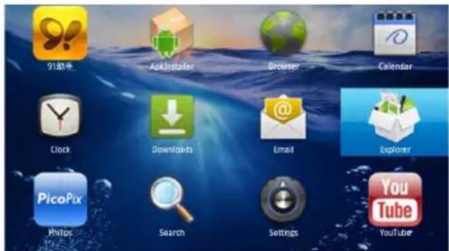 91酷乐 AppInstaller Browser Calendar Clock Downloads Email Explorer PicoPix Philips Search Settings YouTube