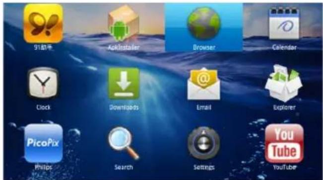91助手 AppListener Browser Calendar Clock Downloads Email Explorer PicoPix Philips Search Settings YouTube