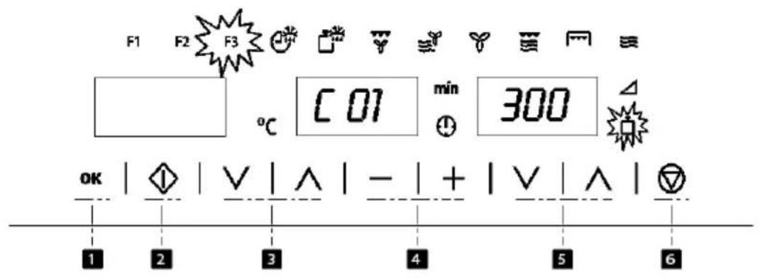F1 F2 F3 °C C01 min 300 OK | ◇ | ∨ | ∧ | - | + | ∨ | ∧ | ◇ 1 2 3 4 5 6