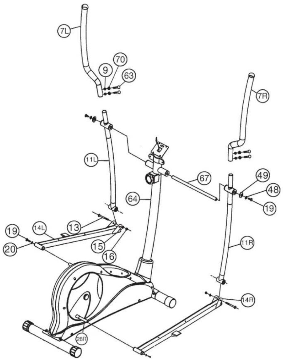 Christopeit CS 5 - Schritt 5: Montage der Fußschalenaufnahme rechts (14R) und der Fußschalenaufnahme links (14L) incl. den Verbindungsrohren (11) an der Pedalkurbel (28) und dem Stützrohr (64) mittels den Federringen (48), den Unterlegscheiben (49) und den Schrauben (19). - 1