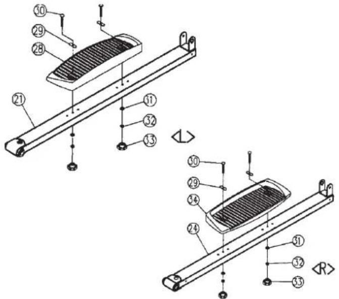 Christopeit CX 6 - Step 7: Installation of the right (34) and left (28) footrest on the pedal tubes (21+24). - 1