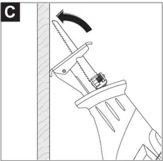 Technical line drawing of a mechanical clamp or tool with a curved arrow indicating rotation (no text or symbols present)