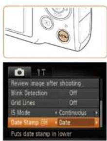 Review image after shooting Blink Detection Off Grid Lines Off IS Mode Continuous Date Stamp Date Puts date stamp in lower