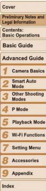 Cover Preliminary Notes and Legal Information Contents: Basic Operations Basic Guide Advanced Guide 1 Camera Basics 2 Smart Auto Mode 3 Other Shooting Modes 4 P Mode 5 Playback Mode 6 Wi-Fi Functions 7 Setting Menu 8 Accessories 9 Appendix Index