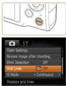 Flash Settings Review image after shooting Blink Detection Off Grid Lines On Off IS Mode Continuous Displays grid lines