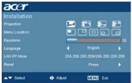 ACER P7500 - Installation menu - 2