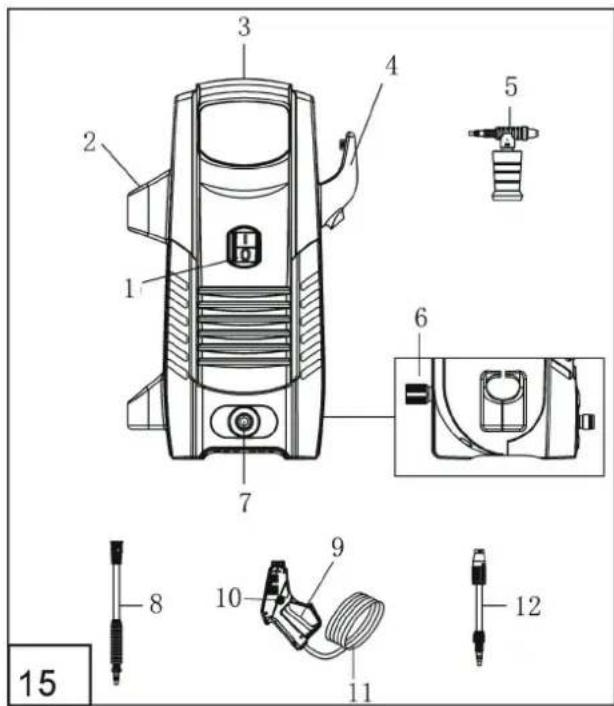 Technical diagram of a device with numbered parts and exploded view, labeled 15.