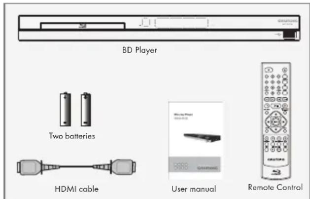 BD Player Two batteries HDMI cable User manual Remote Control