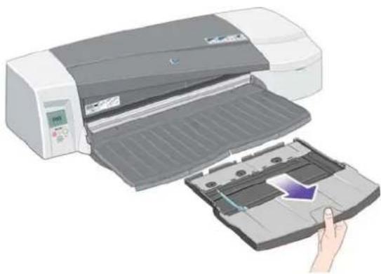HP Designjet 111 - Chargement du papier à partir du bac d'entrée - 1