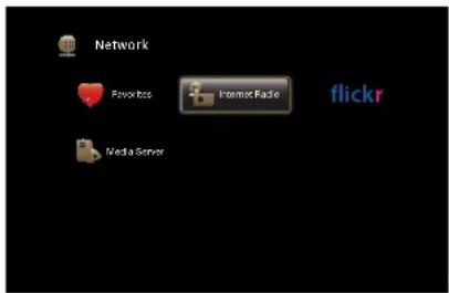 Network Favorites Internet Radio flickr Media Server